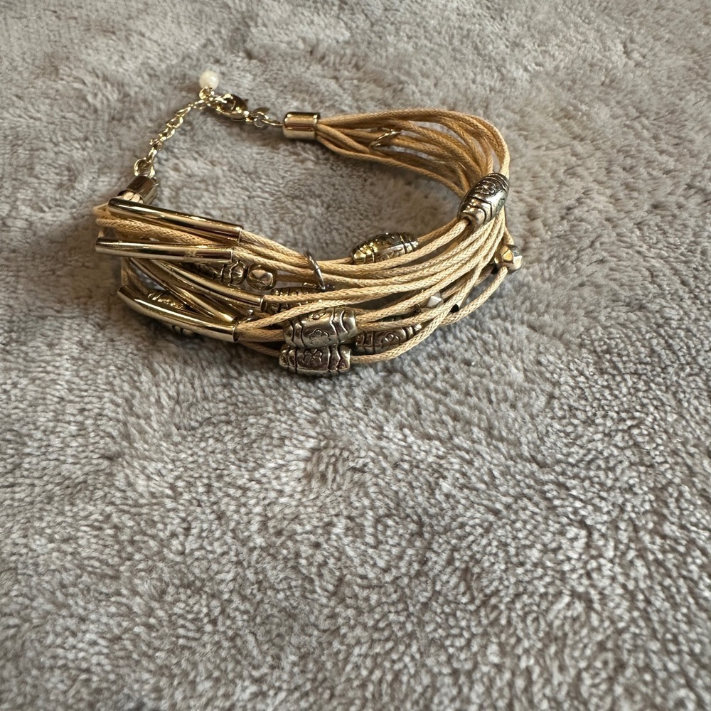 Boho Layered Cord Bracelet‎ Silver Tone Charms Tassel Accent Gold Tone Clasp